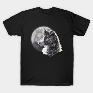 Blue Slate Merle Border Collie with Night Sky Full Moon T-Shirt